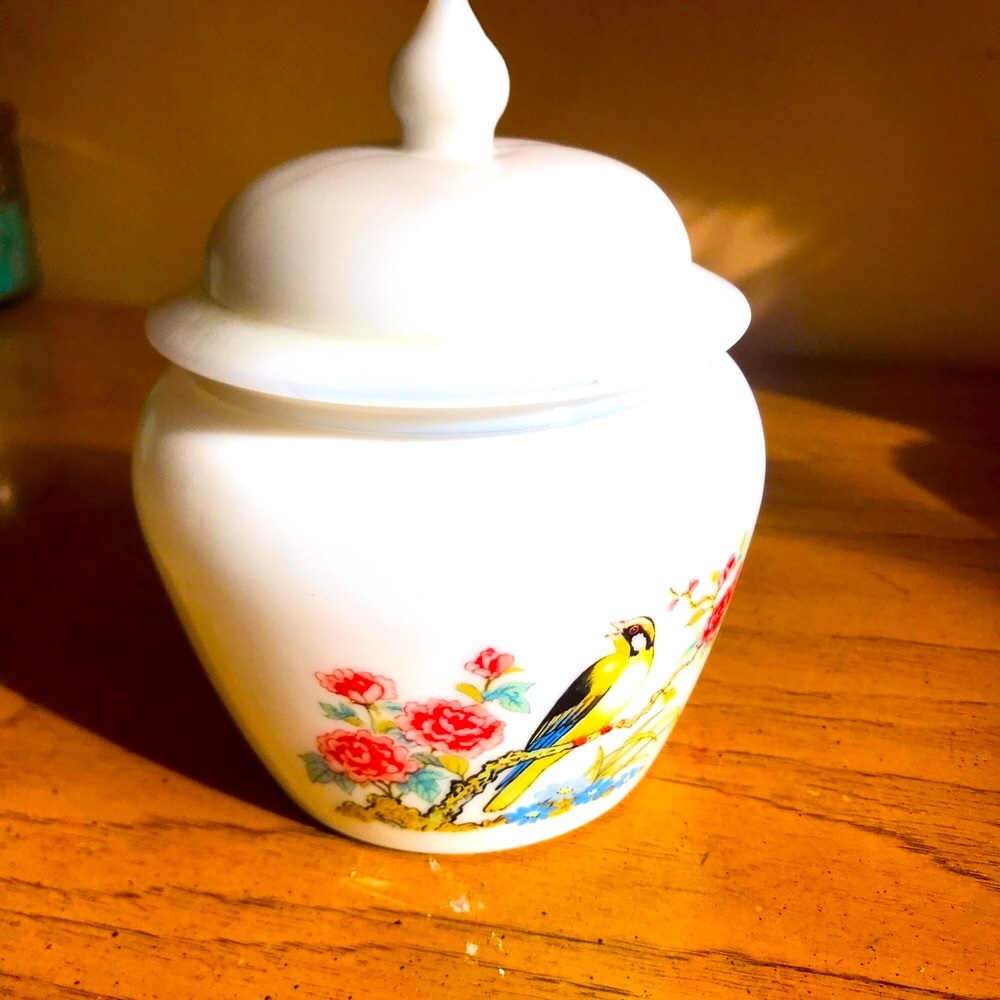 Avon, Vintage, Milk Glass jar with lid, Bird and Flowers image